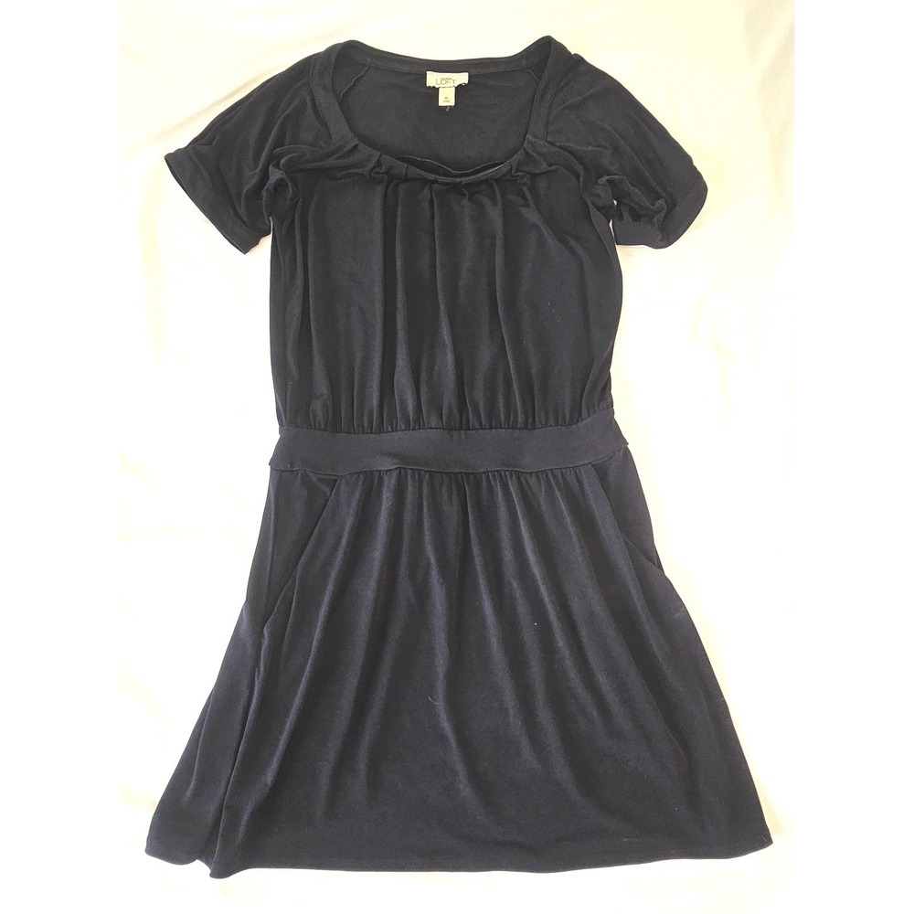Ann Taylor Loft XS Black Jersey Short Sleeve Pleated Scoop Neck Pocket Dress